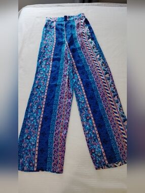 Zara multi color Tribal boho satin effect wide leg pants sz XS .